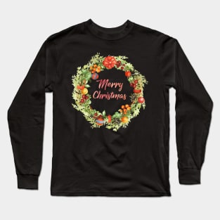 Merry Christmas Wreath Watercolor Long Sleeve T-Shirt